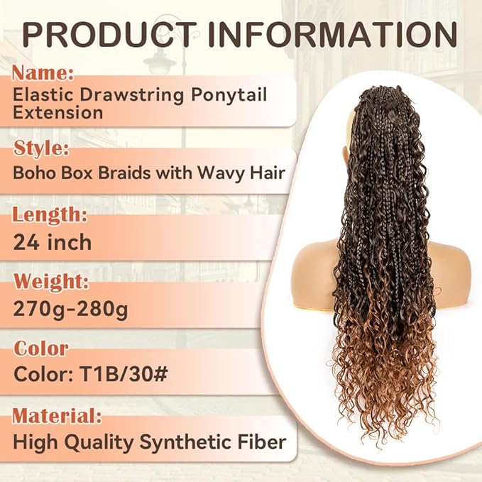 Drawstring Ponytail for Women 24 inch Boho Braids with Long Wavy Hair Ponytail Extension Clip in Synthetic Hair Extensions Ponytail for Daily Use (T1B/30#, 24 Inch)