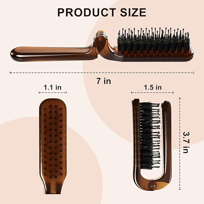 Folding Travel Hair Brush - Mini Boar Bristle Hairbrush Women, Men & Kids, Portable Pocket Purse Brush for Thick Thin Wet Dry Hair Restore Shine,Amber