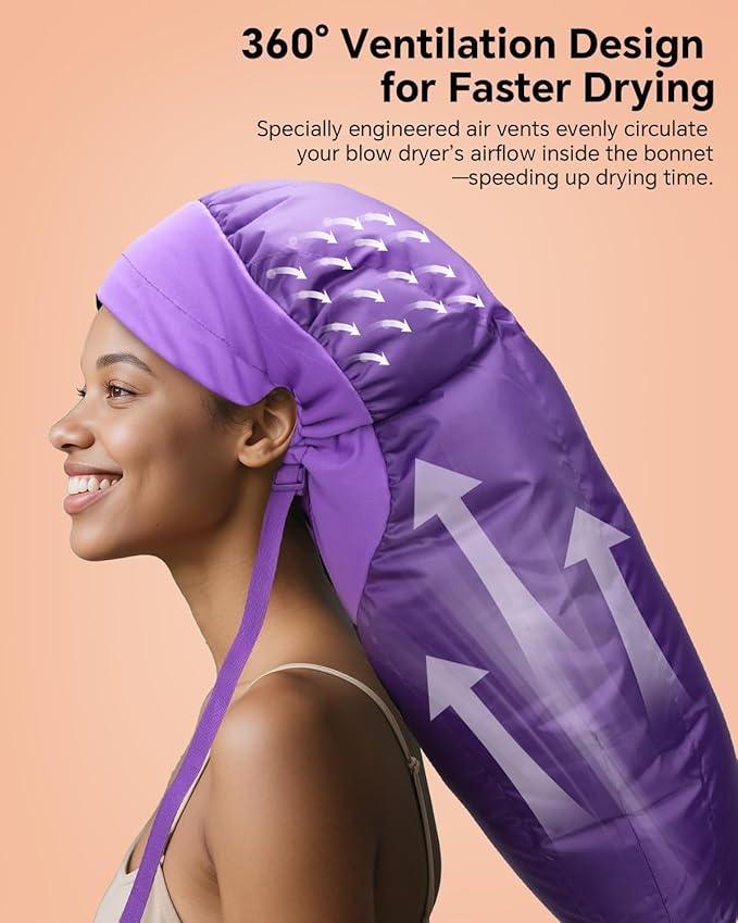Hair Dryer Bonnet for Women, Large Bonnet Hooded Hair Dryer Attachment for Speeding Up Drying Time & Deep Conditioning, Fits All Head Sizes & Hair Styles, Purple (Large)