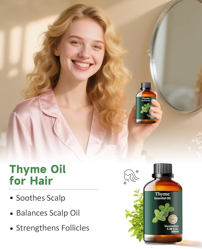 Pure Thyme Essential Oil for Outdoor Shield, Patio & Garden Protection, Natural Barrier Spray for Unwanted Distractions, Reed Diffuser, Aromatherapy, Hair, Skin,Massage, Soap,Candle Making 3.38 Fl Oz