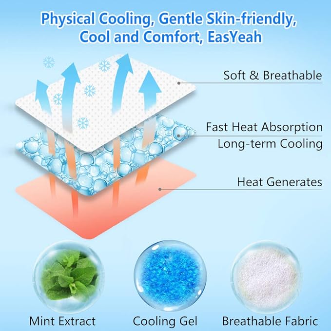 10 Sheets EasYeah Kids Cooling Patches for Fever Discomfort & Pain Relief, Cooling Relief Fever Reducer, Soothe Headache Pain, Pack of 10