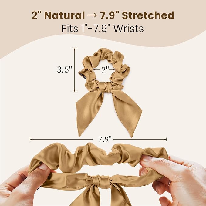 THXSILK 100% Mulberry Silk Bow Scrunchies 3-Pack, 22 Momme Mulberry Silk Hair Ties for Women, Cute Bunny Ear No Damage Ponytail Holders, Fashion Hair Accessories for Girls(M, Metallic Gold)