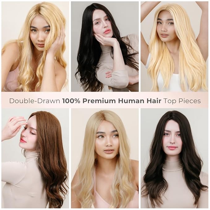 Katalaeya Hair 100% Human Hair Topper - Aurora Crown Double-Drawn Remy Clip-In Mono Base Top Piece for Women with Thinning Hair, Alopecia & Chemo Hair Loss (L6)