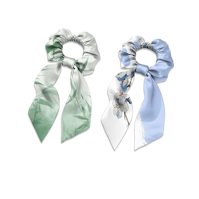 Green Bamboo Print Satin Hair Ties No Damage Long Hair 2 Pcs Floral Blue Knotted Bow Hair Scrunchies Elastic Scarf Scrunchies for Women Girls