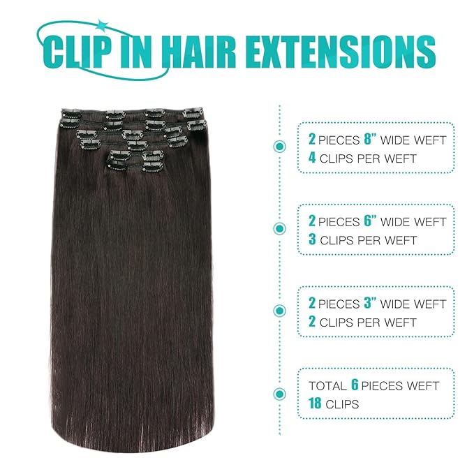 SURNEL Clip in Hair Extensions, Natural Black Human Hair Clip in Extensions 22 Inch 120g 6pcs Clip ins Hair(#1B,22'')