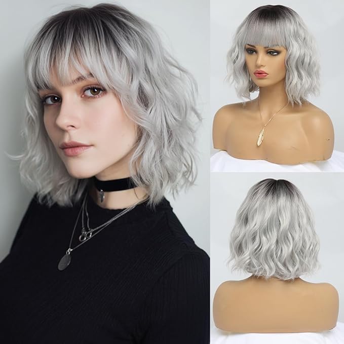 Short Silver Wigs for Women Ombre Grey Wavy Bob Wig with Bangs Medium Length Synthetic Hair Water Wave Dark Roots Wig Gray Colorful Wigs（14 Inches）