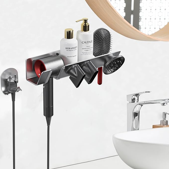 Hair Dryer Holder for Dyson Supersonic - Wall Mounted, Strong Magnetic Bracket Organizer for Attachments, Space-Saving Blow Hair Dryer Storage Shelf, Sturdy Bathroom Hair Care Tool Rack