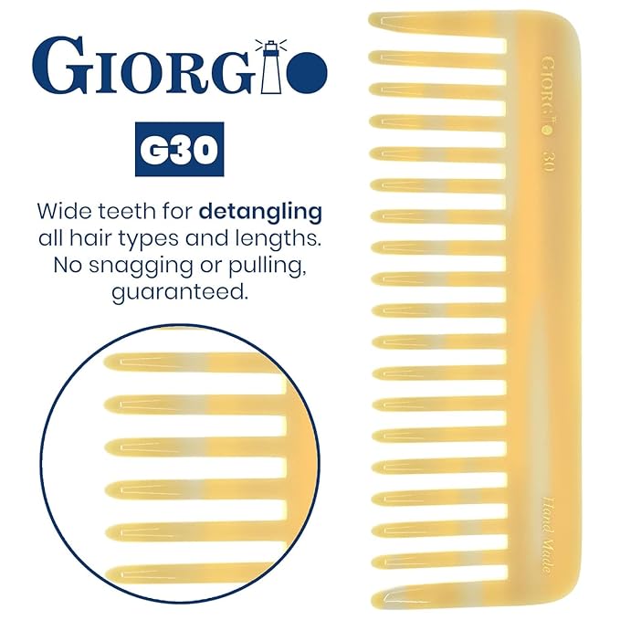 Giorgio G30 Large 5.75 Inch Hair Detangling Comb, Wide Teeth for Thick Curly Wavy Hair. Long Hairs Detangler Comb For Wet and Dry. Handmade of Cellulose, Saw-Cut, Hand Polished, Ivory 6 Pack