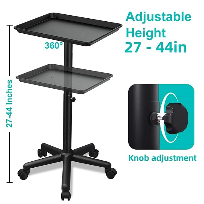 Premium Aluminum Salon Tray, Sturdy Five feet Base Adjustable is Used for Salon Tray on Wheels, tattooing, Beauty Spa, Dentist, Etc.…(Black)