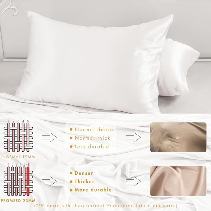 PROMEED White Silk Pillowcase 2 Pack for Hair and Skin, Both Sides 100% 23 Momme Mulberry Silk Pillow Case Set of 2 with Hidden Zipper, Soft and Breathable (Standard 20"x26", White)