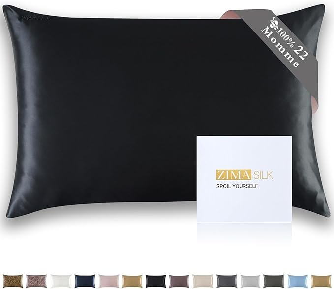 ZIMASILK 22 Momme Silk Pillowcase for Hair and Skin - 100% Pure Mulberry Silk with Hidden Zipper, Grade 6A Luxury Pillow Case for Women, Soft & Durable, Gift Box (Standard 20"x26" Black)
