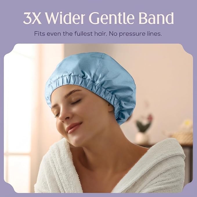 Premium Shower Cap for Women - 1000+ Showers, 100% Waterproof, Double-Sided, Large Shower Cap For Long Hair & Great For Curls (Anti-Frizz Terry Cloth Lining) (Sky Blue)