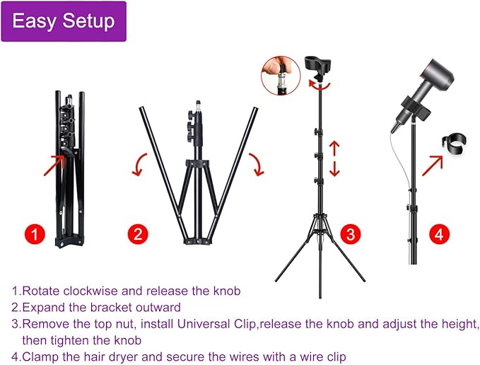 Purple River Hair Dryer Stand Black 20-63 Inch Adjustable Blow Dryer Holder with Tripod and Universal Clip, Easy to Use, Hands Free Relieve Wrist Pain, Shoulder Periarthritis etc