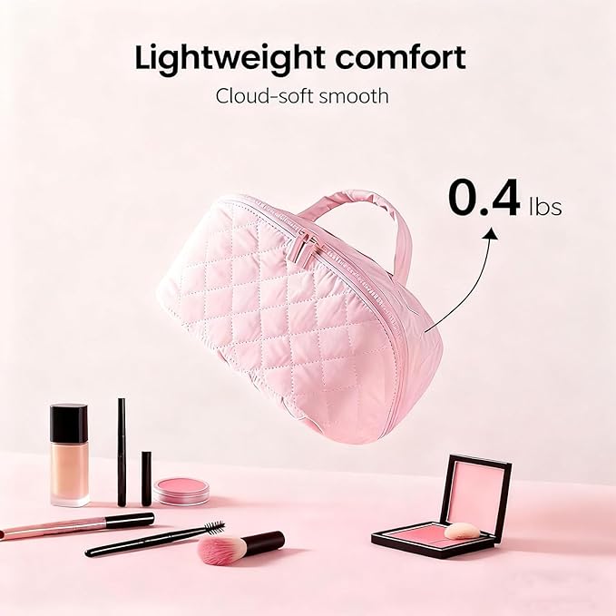 Petition Travel Makeup Bag for Woman,Festivalment Lay Flat Makeup Bag, Wide Open Water-Resistant Cosmetic Case,Puffy Padded Organizer for Toiletries & Brushes Large Capacity with Compartments (pink)