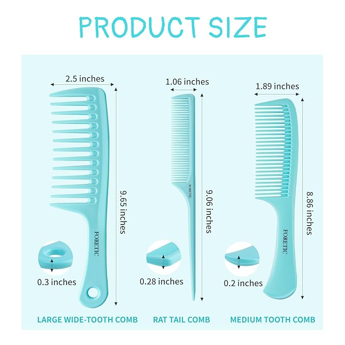Hair Comb 3-in-1 Plastic Hair Comb Set For Women, Men - Wide Tooth, Rat Tail, and Regular Tooth Detangling Hair Combs for All Hair Types-Blue