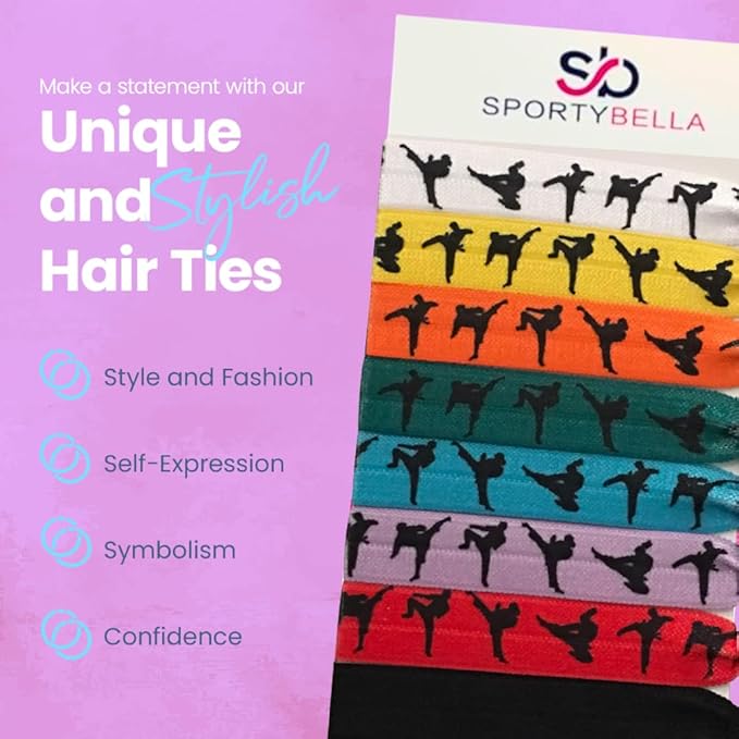 Sportybella Multicolored Karate Hair Ties- Martial Arts Hair Accessories For Girls. No Crease, No Tug Elastic Hair Ties Set. Ponytail Holders for Karate or Martial Artists, Students & Coaches, 8pcs.