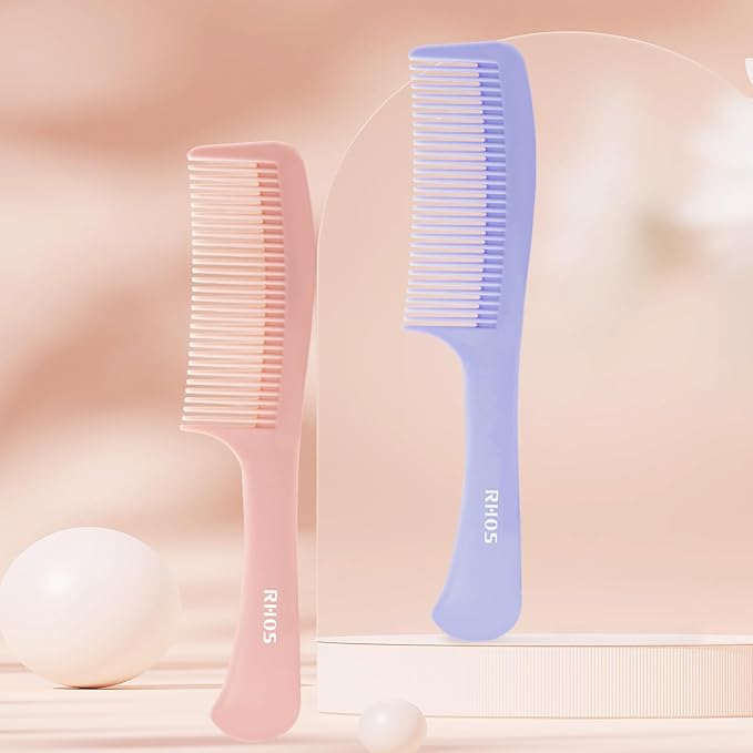 RHOS Medium Tooth Detangling Comb Set for Curly/Straight/Short/Thick Hair, Wet & Dry Use - Pink & Purple