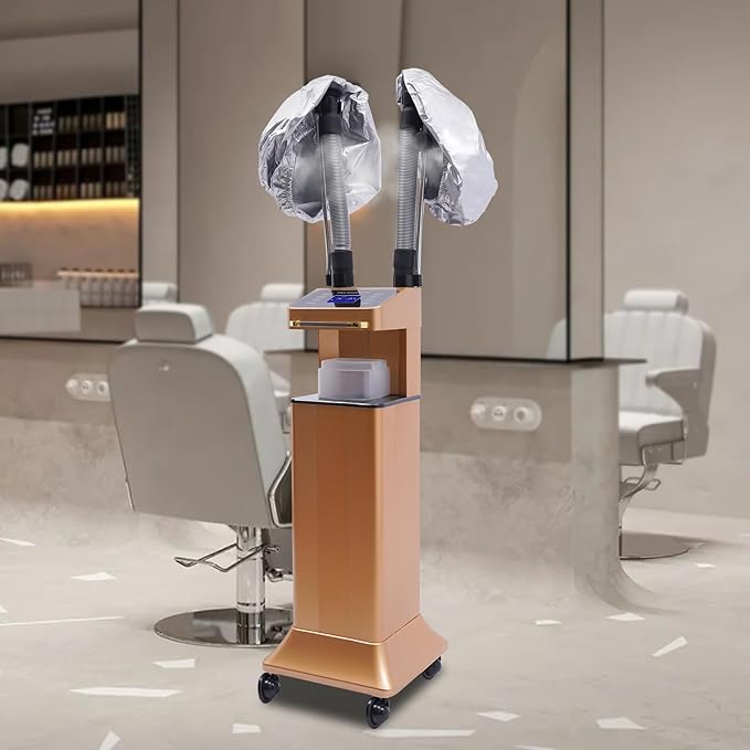Multifunctional Hair Steamer Cold Mist Ozone Oil Treatment Dyeing Machine with 2 Steam Caps Standing Hooded Hair Care Processor with Wheels 2 Telescopic Tubes Time/Temp Control for Barbershops Salons