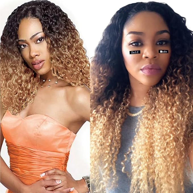 Ombre Blonde Curly Bundles Human Hair Light Brown Bundle 22 24 26 Inch Double Weft 3 Tone Brown and Honey Blonde Bundle Niegmeag Brazilian Virgin Remy Hair Extensions