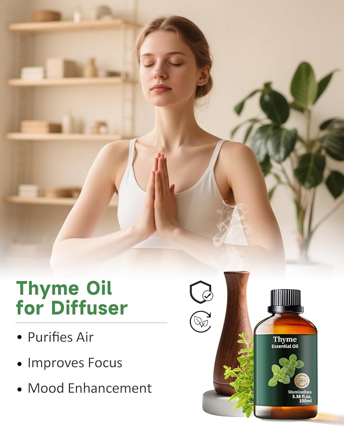Pure Thyme Essential Oil for Outdoor Shield, Patio & Garden Protection, Natural Barrier Spray for Unwanted Distractions, Reed Diffuser, Aromatherapy, Hair, Skin,Massage, Soap,Candle Making 3.38 Fl Oz