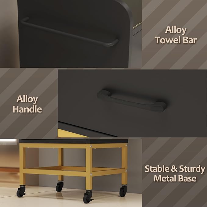 Salon Trolley Cart with Toughened Glass Top, 4 Wheels (2 Lockable) Rolling Barber Station w/Wheels, Drawers, Hair Dryer Holders, Towel Rack, Salon Storage Equipment for Hair Stylist, Black