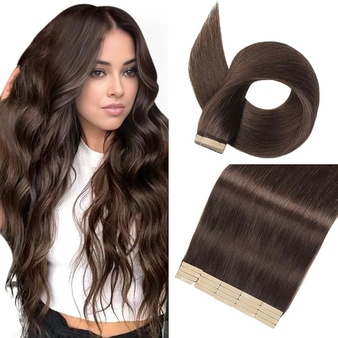 Tape in Hair Extensions Real Human Hair 24 Inch Dark Brown Tape for Skin Weft Hair Extension Invisible Tape in Hair Extensions Straight Remy Human Hair for Women 20pcs
