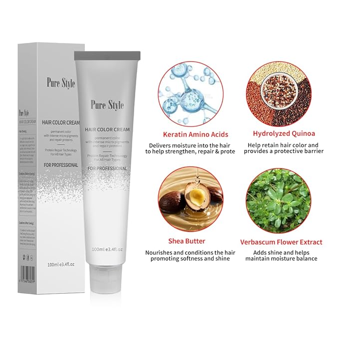 PureStyle 100ml Professional Permanent Hair Color Dye Cream Ammonia Free, Long Lasting Light Cold Brown Color, 100% Gray Coverage, Natural Shine, For All Hair Types Easy At Home Application