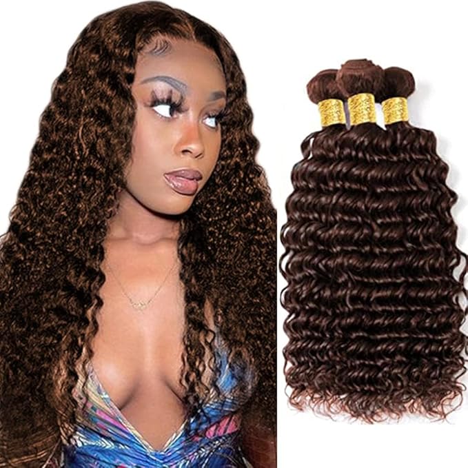 Brown Deep Wave Bundles Human Hair Color 4 Bundle Niegmeag Virgin Soft and Sikly Remy Hair 3 Bundles 16 18 20 Inch Double Weft Color 4 Deep Wave Bundle