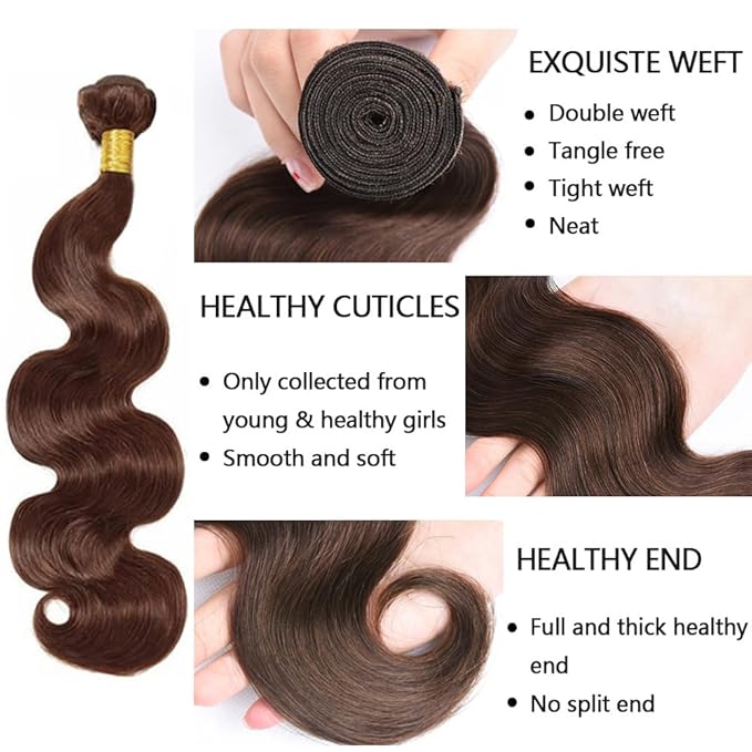 Brown Body Wave Bundles Human Hair Chocolate Brown Bundle Niegmeag Brazilian Virgin Soft and Silky Remy Hair 3 Bundles 20 22 24 Inch Double Weft Color 4 Body Wave Bundle 150g