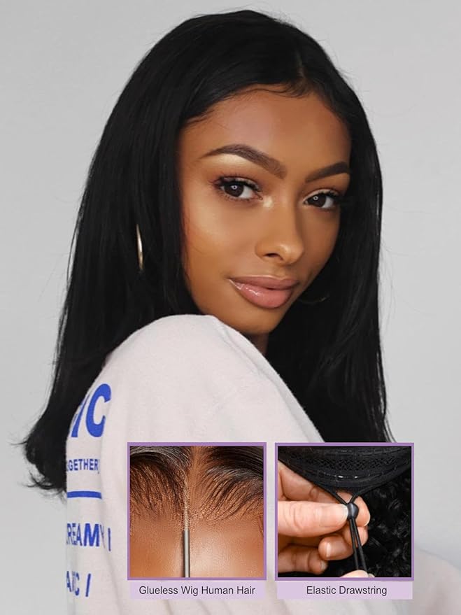 YIROO Bye Bye Knots 7x5 Lace Straight Bob Wig Glueless Human Hair Wig with Elastic Drawstring,Pre Plucked Pre Cut Short Bob Lace Closure Wig Wear and Go Natural Color 150% Density 14Inch