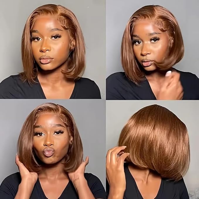 Short Bob Wig Human Hair Straight 4x4 HD Transparent Lace Front Wigs 100 Percent Real Human Hair Chocolate Brown Bob Wig for Women Pre Plucked 180% Density Brown Color 12 Inch