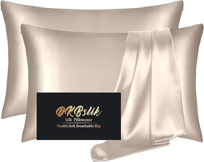 Silk Pillowcase 2 Pack, Mulberry Silk Pillow Cases Queen Size Set of 2, Anti Acne Silk Pillowcase for Hair and Skin, Natural Silk Satin Pillowcases Gifts for Women 2 Pack with Hidden Zipper, Champagne
