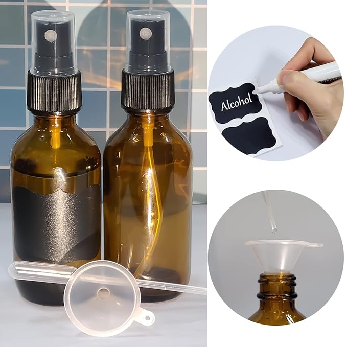 2oz Amber Glass Spray Bottles,Empty Small Perfume Travel Refillable Reusable Fine Mister Spray Bottle for Hair,Cleaning Solutions,Aromatherapy and Essential Oil with Extra Nozzle(2 Pack)