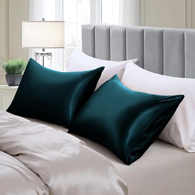 Aormenzy Satin Pillow Cases for Women Queen Size Set of 2, Dark Teal Satin Pillowcase for Hair with Envelope Closure Silky Pillow Covers Wrinkle, Fade Resistant (20x30 Inches)