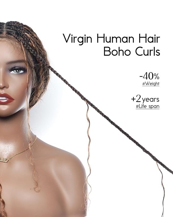 Human Hair Boho Curls Hand-Tied HD Full Lace Wig - 36" Salon-Level Small Box Synthetic Braids (121 Braids, High Density) Pre-Cut Swiss HD Lace, Pre-Plucked, Knotless - 1B/30 Ombre Brown