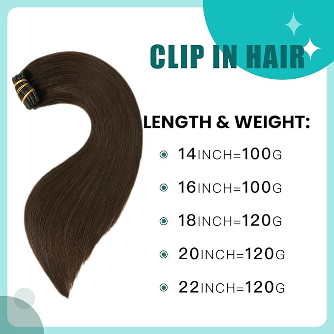 SURNEL Clip in Hair Extensions Real Human Hair 6pcs 14inch 100g Dark Brown Clip in Hair Extensions (#2,14'')