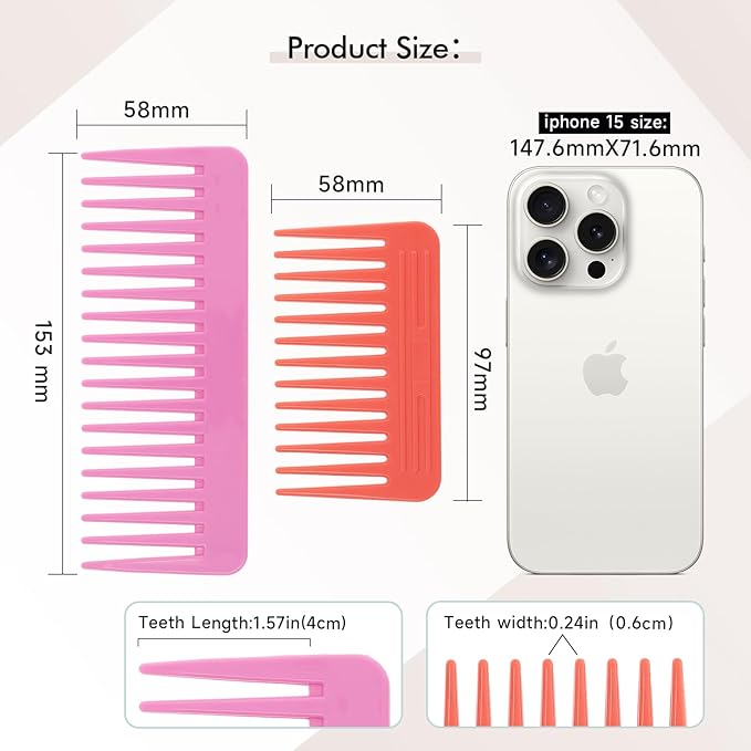 One large, one small, two-piece Wide Tooth Comb，No Handle Detangler Accessories，Large Hair Detangling Comb for Curly, Straight,Wet Dry Hair(Lavender Pink,Rose Red)