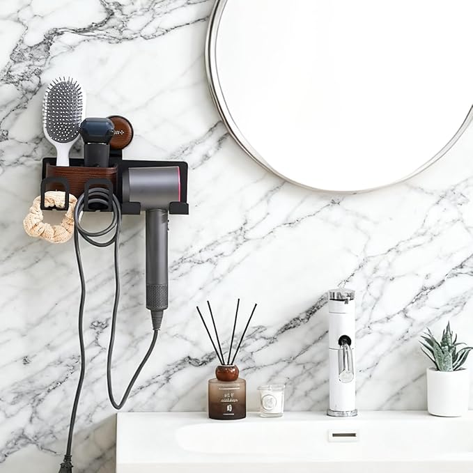 Hair Dryer Holder Wall Mount with Suction Cup, No-Drill Metal Blow Dryer Holder, Hair Accessories Tools Organizer Rack with 1 Toothbrush Hanger & Shelf, Walnut Finish for Bathroom