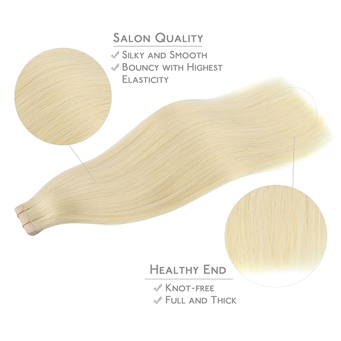 WENNALIFE Tape in Hair Extensions Human Hair, 20pcs 50g 20 inch Bleach Blonde Remy Hair Extensions Straight Human Hair Tape in Extensions Skin Weft Tape Extensions Human Hair