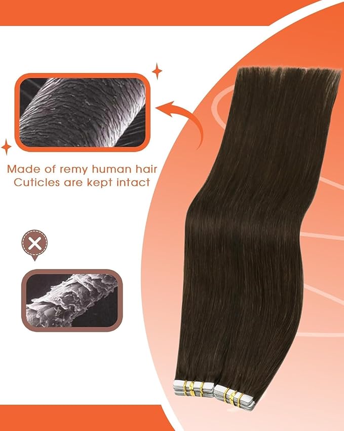 Sunny Hair Tape in Hair Extensions Real Human Hair Invisible Remy Hair Extensions Tape ins for Women Dark Brown 14 inch 25G