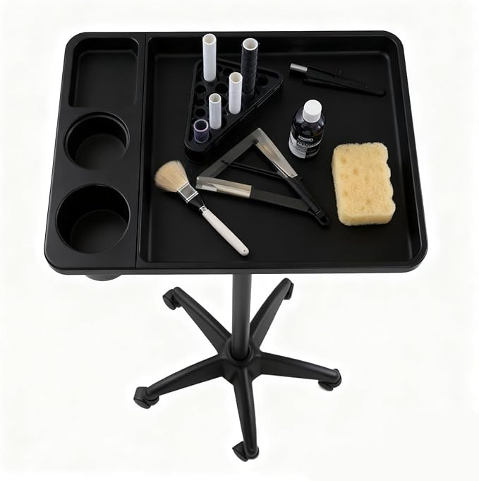 Salon Rolling Tray, Height Adjustable Tattoo Tray Rolling Cart, Storage Utility Trolley for Spa, Beauty Salon Service, Hairdresser Cart with Wheels, Black (Upgrade Black-TRAY-158N)