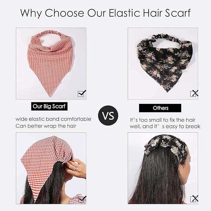 6 Pack Hair Scarf Headband for Women Elastic Bandana Head Scarf Large Boho Triangle Kerchief with Clips Non Slip Scarves