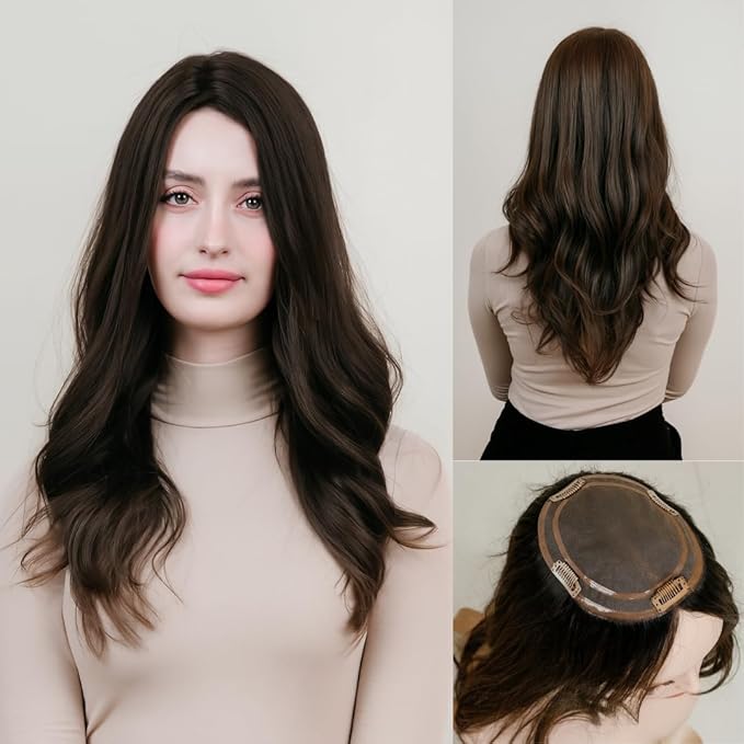 Katalaeya Hair 100% Human Hair Topper - Aurora Crown Double-Drawn Remy Clip-In Mono Base Top Piece for Women with Thinning Hair, Alopecia & Chemo Hair Loss (4)