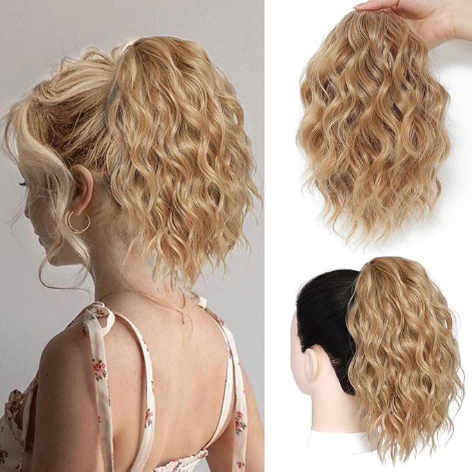 Ponytail Extension-12 Inch Drawstring Ponytail Hair Extensions for Women Synthetic Curly Wavy Fake Pony Tails Hair Pieces for Daily Party Use (Golden Blonde)