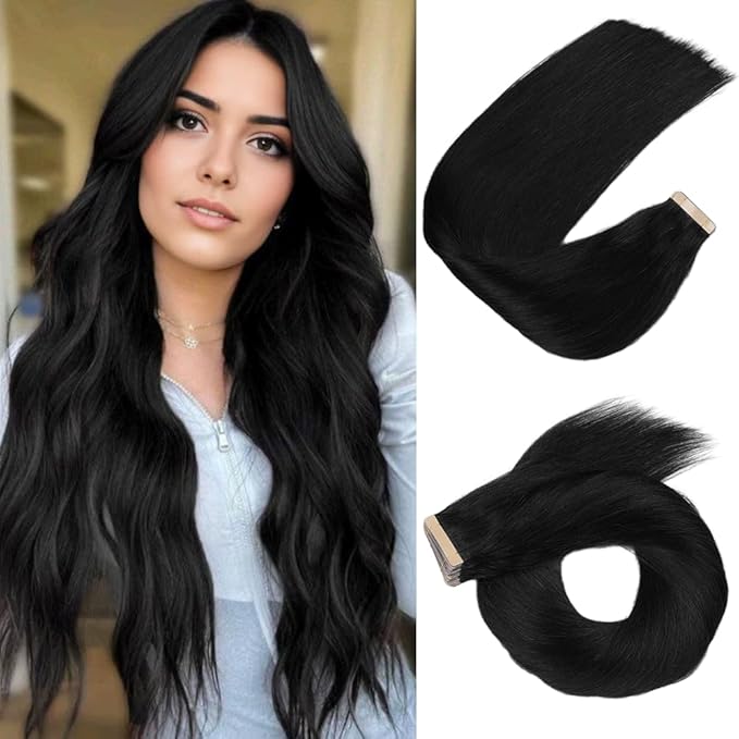 Human Hair Tape in Extensions Jet Black 20pcs Seamless Skin Weft Hair Extensions 22 Inch Double Sided Remy Invisible Straight Tape in Hair Extensions Human Hair (1#,22 Inch)