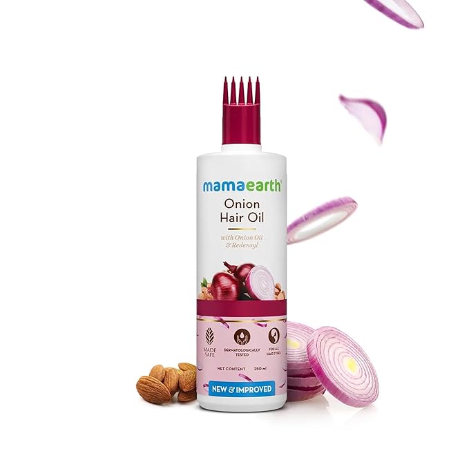Mamaearth Onion Hair Oil | Natural & Organic Anti Hair Loss & Hair Fall Control Oil with Redensyl | for Color Treated & All Hair Types | 8.45 Fl Oz (250ml)