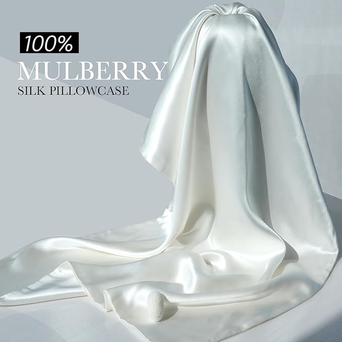 100% Mulberry Silk Pillowcase for Hair and Skin, 22 Momme Pure Natural Silk Pillow Case Both Sided with Zipper, Pillow Cover for Women Mom Men (Ivory White, Queen 20''×30'', 1 Pack)