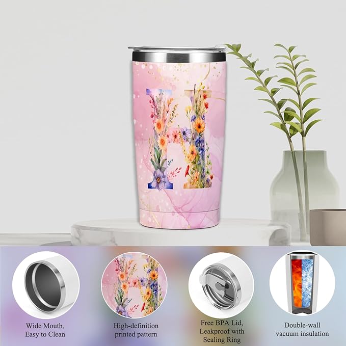 Personalized Gifts Monogrammed Birthday Gifts for Women, Bridesmaid Bachelorette Party Christmas Initial 20 oz Tumbler, Makeup Bag Cup Ballpoint Pens Journal Notebook 6 Set, (Aesthetic Pink Flower H)