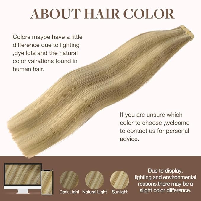 GOO GOO Tape in Hair Extensions Human Hair, 16/22 Light Blonde Highlighted Golden Blonde, 22inch 100g 40pcs, Skin Weft Seamless Invisible, Silky Straight with Thick Ends, Remy Human Hair