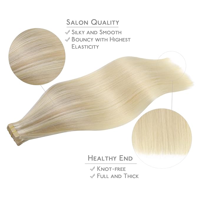 WENNALIFE Tape in Hair Extensions Human Hair, 20pcs 50g 22 inch Ash Blonde to Remy Hair Straight Tape in Extensions Skin Weft